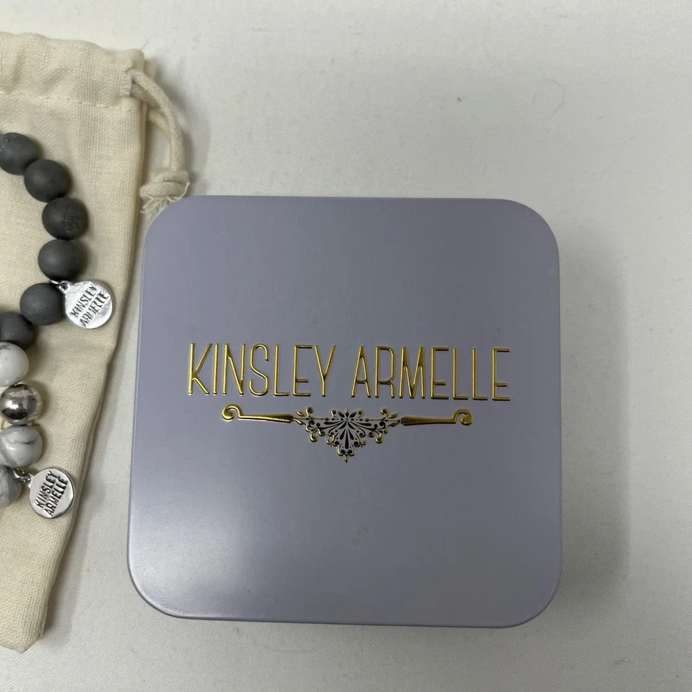 Kinsley Armelle Beaded Stretch Bracelet Set Howlite Gray Druzy 2pc w/ Tin Pouch